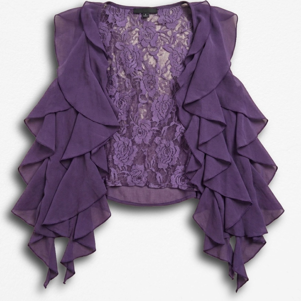 Loveposh Purple Ruffle Shrug Vest Floral Lace Back Open Front Sleeveless Large